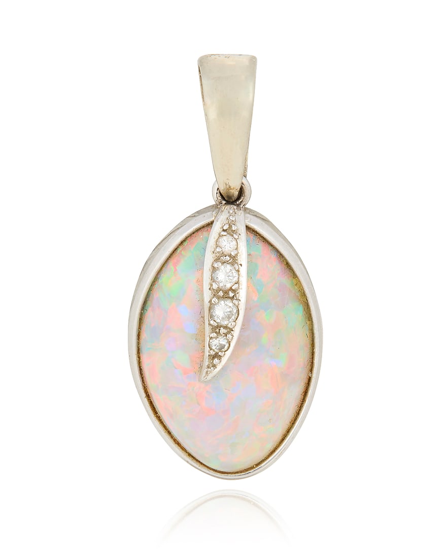 An 18K White Gold, Opal and Diamond Pendant: An 18K White Gold, Opal and Diamond Pendant Centering an abstract opal double cabochon measuring approximately 22.41 x 14.10 x 8.63 mm, accented by four graduated round diamonds Measures: 1 1/2 x 5/8