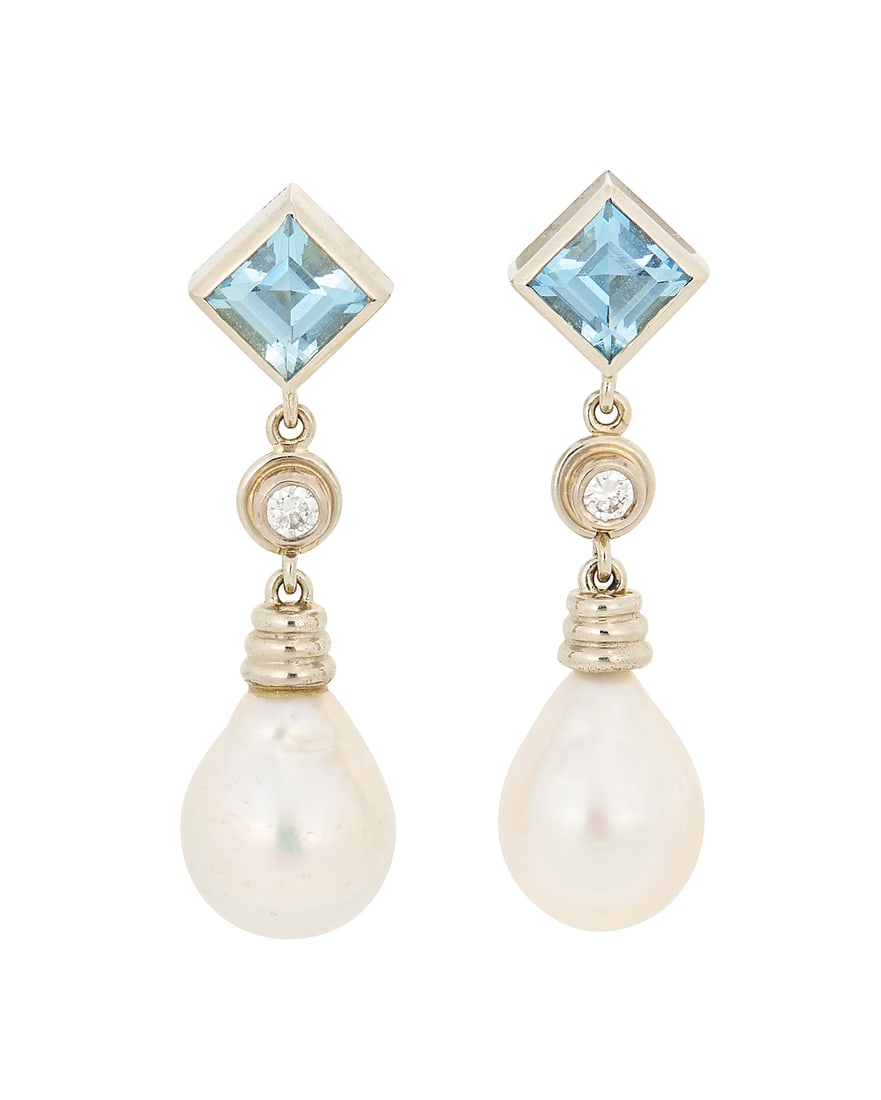 A Pair of 14K White Gold, cultured Pearl and Topaz Earrings (1 of 2)