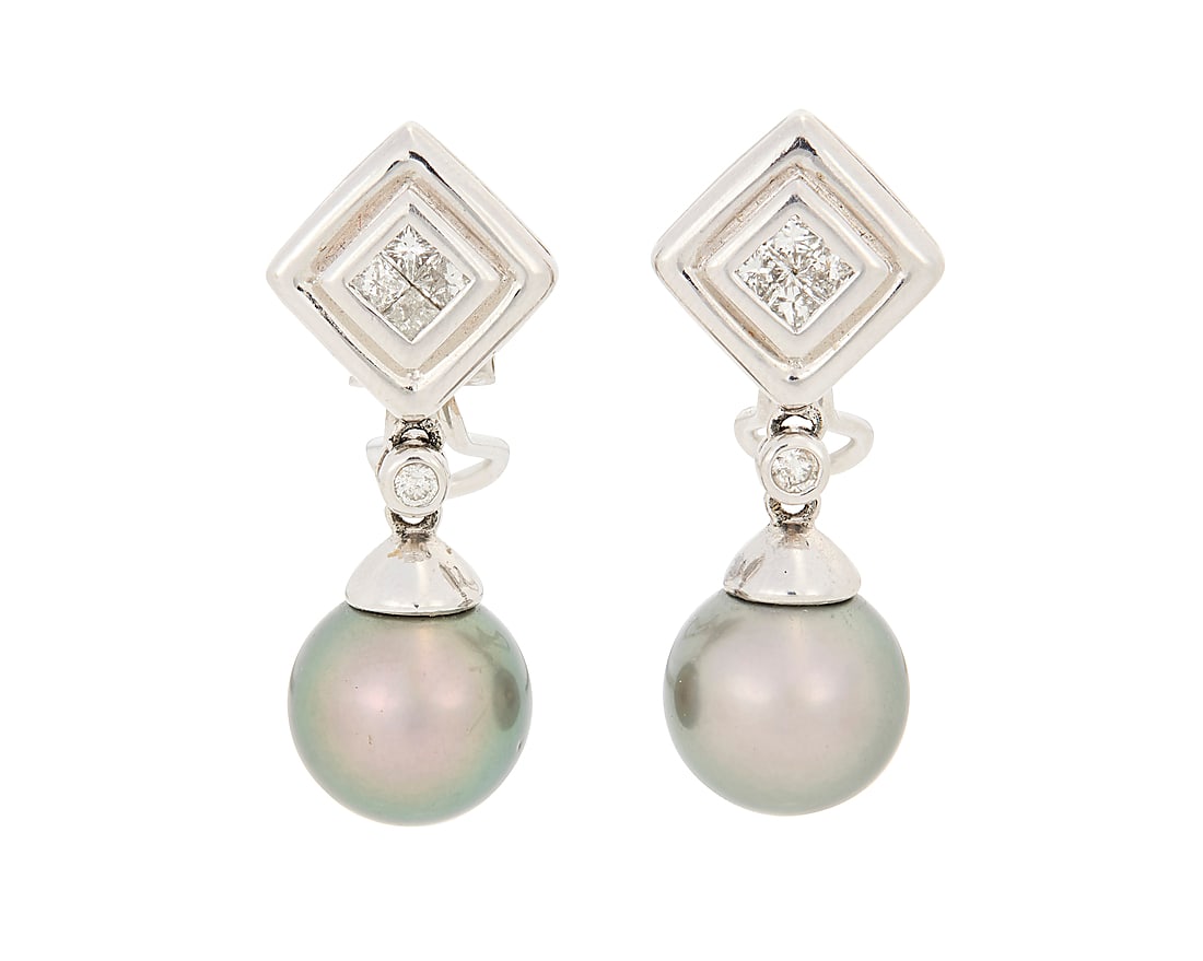 A Pair of White Gold, Diamond, and Colored Cultured Pearl Earrings: A Pair of White Gold, Diamond, and Colored Cultured Pearl Earrings Featuring two Tahitian cultured pearls measuring approximately 10.80 mm, accented by princess-cut and round diamonds 2 pieces