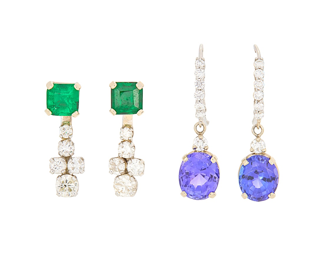 A Group of Two Pairs of 14K White Gold, Gem-Set and Diamond Earrings: A Group of Two Pairs of 14K White Gold, Gem-Set and Diamond Earrings Including a pair of emerald-cut tsavorite garnet studs with diamond set earrings jackets, together with a pair of oval tanzanite