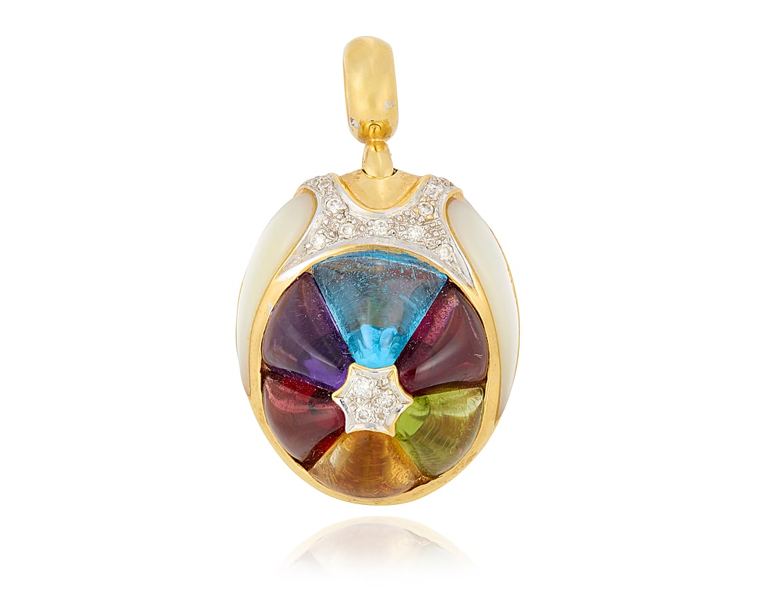 An 18K Gold, Gem-Set and Diamond Pendant: An 18K Gold, Gem-Set and Diamond Pendant Of a geometric design featuring tapered cabochons of blue topaz, amethyst, citrine, garnet and peridot accented by round diamonds Measures: 1 1/4 x 3/4 in.