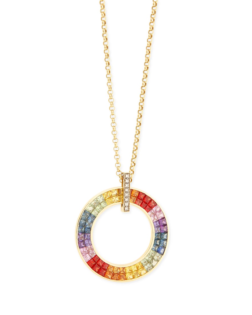 A Gold, Colored Sapphire and Diamond Necklace: A Gold, Colored Sapphire and Diamond Necklace Featuring an 18k gold rolo chain suspending a round 14k gold disc pendant set with tapered multi-colored sapphires finished with a gold bar accented with