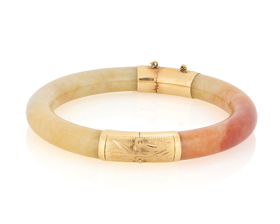 Two 14K Gold and Jade Bangles - 2