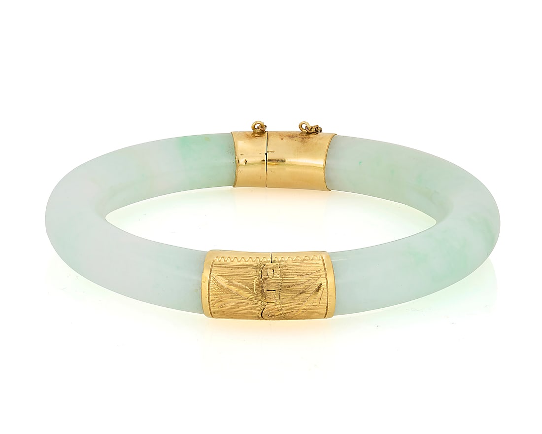 Two 14K Gold and Jade Bangles - 4