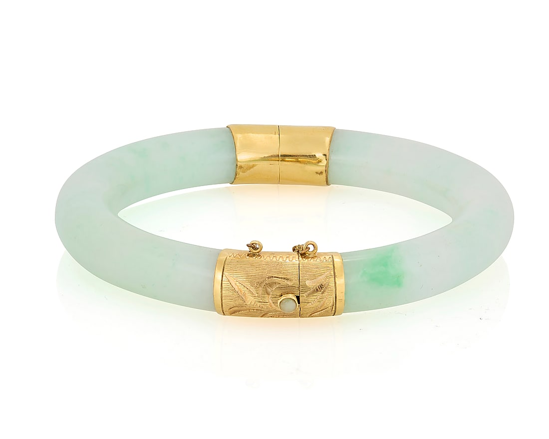 Two 14K Gold and Jade Bangles - 5