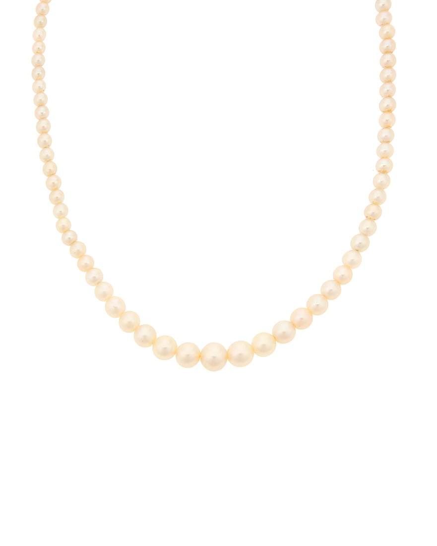 A 14K White Gold and Cultured Pearl Necklace: A 14K White Gold and Cultured Pearl Necklace Of a single strand design featuring natural saltwater pearls measuring approximately 3.17 - 7.27 mm, finished with a 14k white gold and diamond set clasp