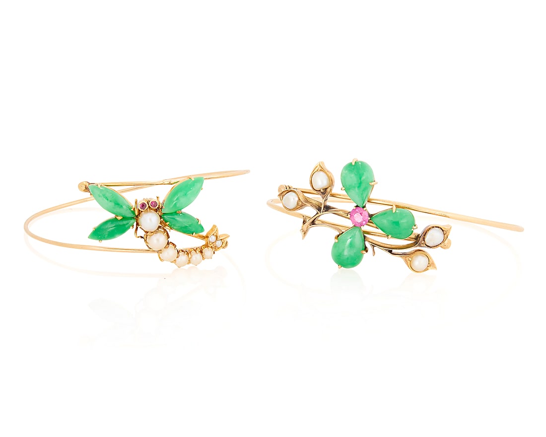 A Pair of 14K Gold and Jade Bangles: A Pair of 14K Gold and Jade Bangles Of an articulate design featuring a flower and dragonfly design set with jade cabochons, seed pearls and round rubies, with makers marks Inner circumference: 6 1/2 