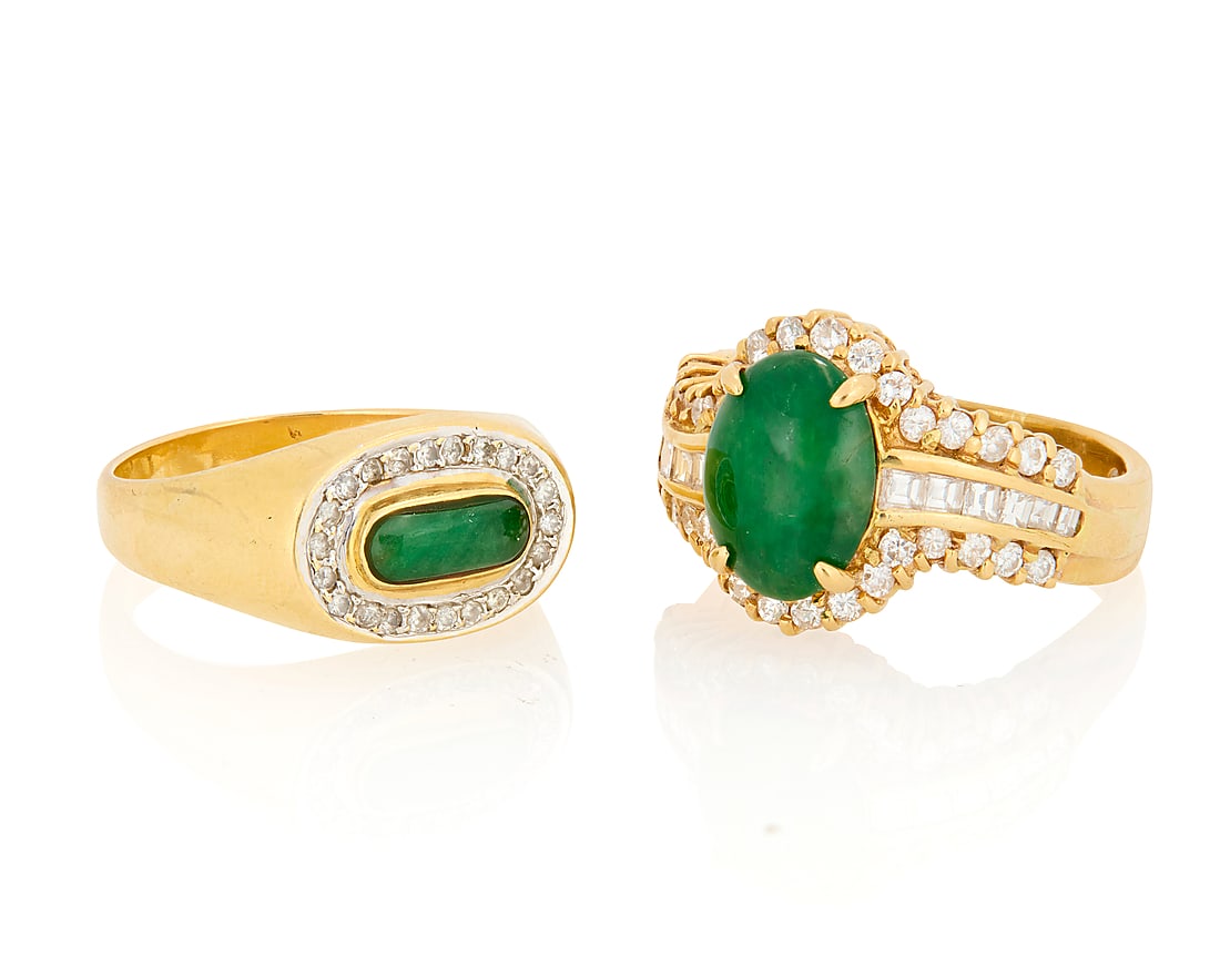 Two 18K Gold, Jade and Diamond Rings: Two 18K Gold, Jade and Diamond Rings One centering an oval jade cabochon accented by square step-cut and round diamonds together with a saddle style ring centering an elongated oval jade cabochon enci