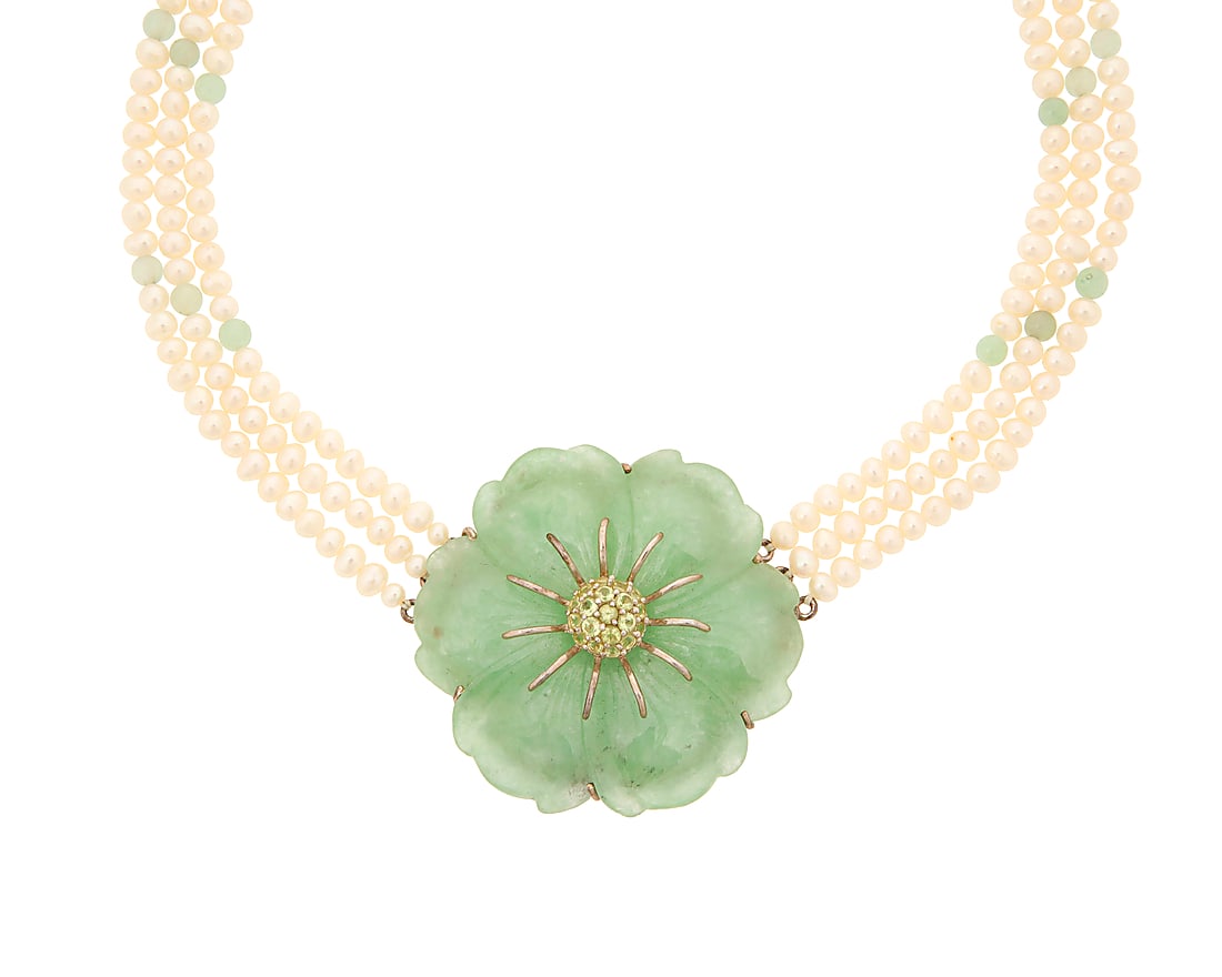 A Sterling, Jade and Cultured Pearl Necklace: A Sterling, Jade and Cultured Pearl Necklace Centering a carved jade floral element, set with round prasiolite, finished with three strands of cultured pearls accented by round jade beads measuring ap