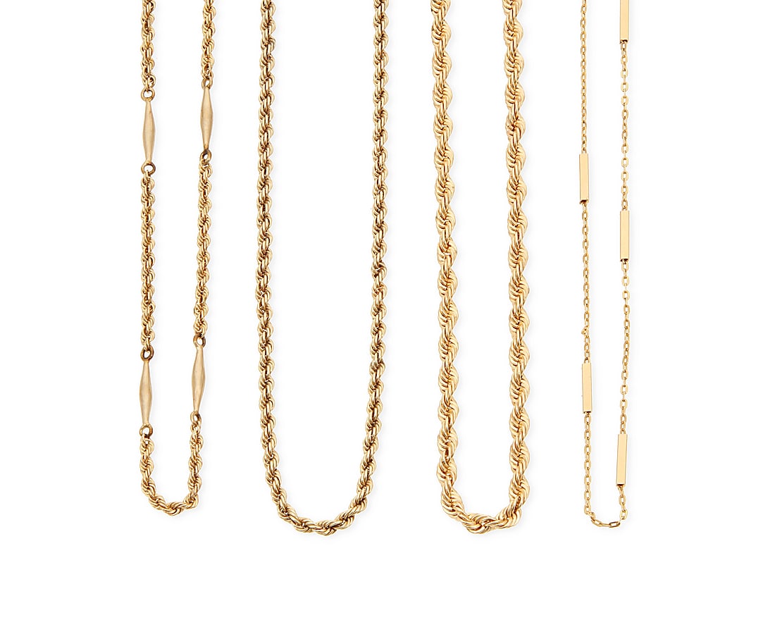 A Group of Four 14K Gold Chains: A Group of Four 14K Gold Chains Featuring rope and bar link designs 4 pieces Lengths: 15 in., 17 in., 20 in., and 23 in. 59.0 grams gross