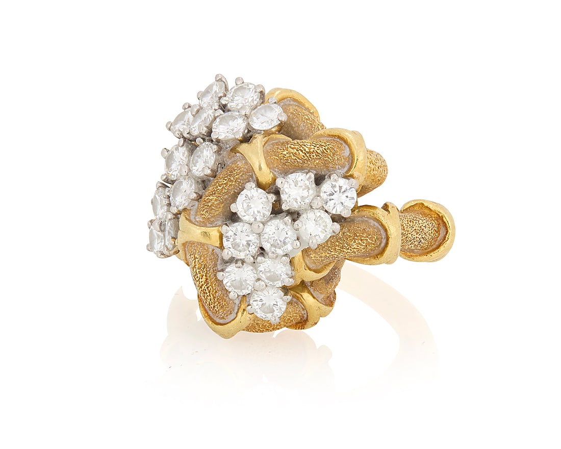 A 14K Gold and Diamond Ring: A 14K Gold and Diamond Ring Featuring twenty-one round diamonds weighing approximately 2.10 carats, set in an organic bamboo design Size: 6 3/4 18.6 grams