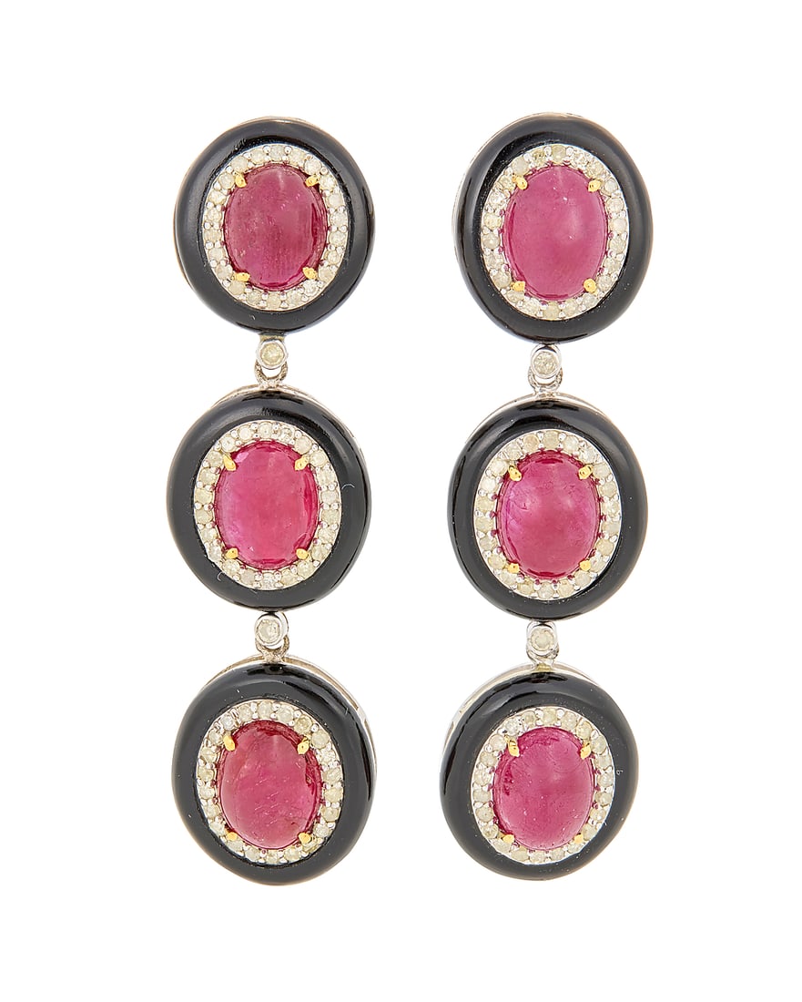 A 14K Gold, Silver, Onyx, Diamond and Ruby Pair of Earrings: A 14K Gold, Silver, Onyx, Diamond and Ruby Pair of Earrings Featuring size oval cabochon rubies weighing approximately 16.84 carats, encircled by round diamonds 1.45 carats, finished with oval onyx
