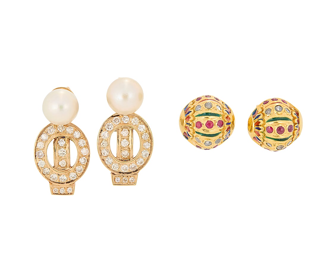 Two Pairs of Gold and Gem-Set Earrings: Two Pairs of Gold and Gem-Set Earrings Including a pair of 18k gold of dome design set with round rubies and rose-cut diamonds accented by blue and green enamel together with a pair of 14k gold