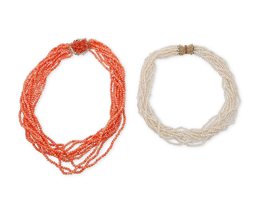 Two 14K Gold, Coral and Freshwater Pearl Necklaces: Two 14K Gold, Coral and Freshwater Pearl Necklaces Including a ten-strand necklace featuring coral beads measuring approximately 3.44 mm finished with a carved coral and gold clasp, together with a