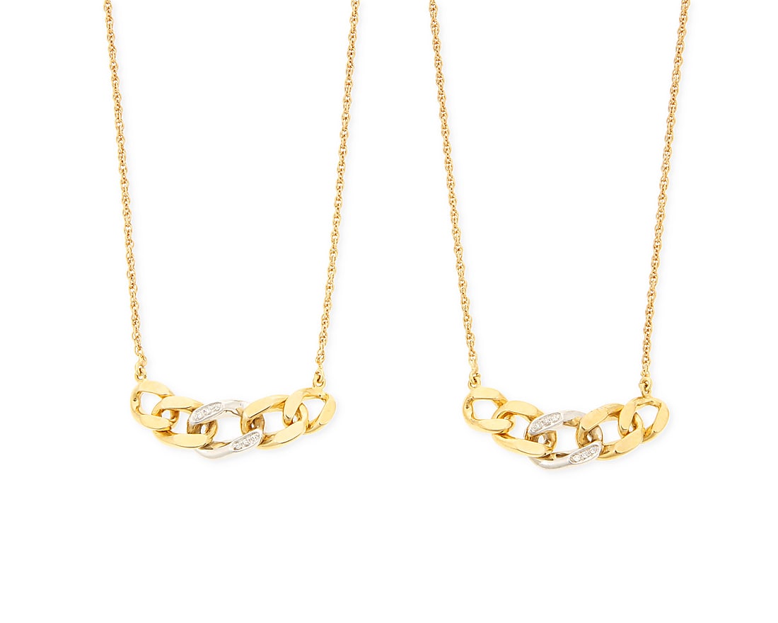 Two 18K Bi-Color Gold Necklaces: Two 18K Bi-Color Gold Necklaces Including two necklaces of a yellow and white gold Cuban link design accented by round diamonds 2 pieces Lengths: 16 in. 19.9 grams gross