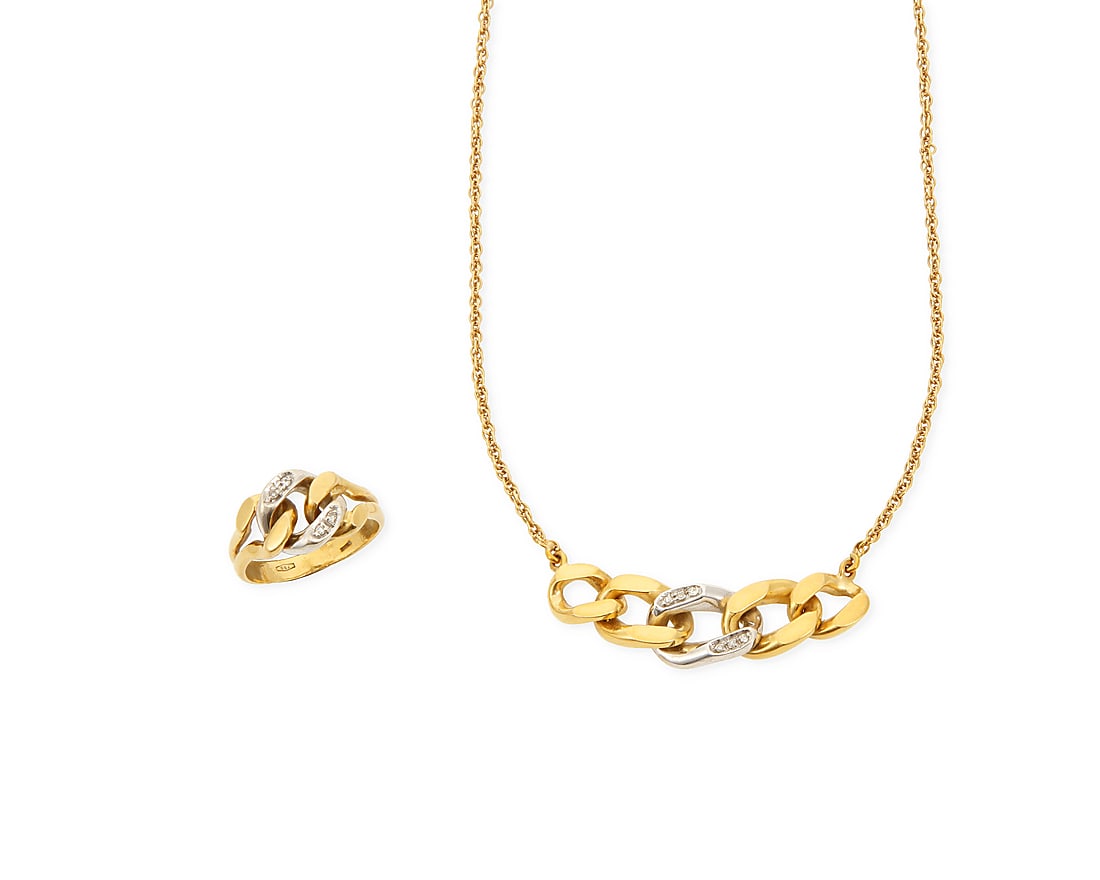 An 18K Bi-Color Gold Necklace and Ring Set: An 18K Bi-Color Gold Necklace and Ring Set Including a necklace and ring of matching design featuring a white and yellow gold Cuban link motif accented by round diamonds 2 pieces Ring: 6 3/4,