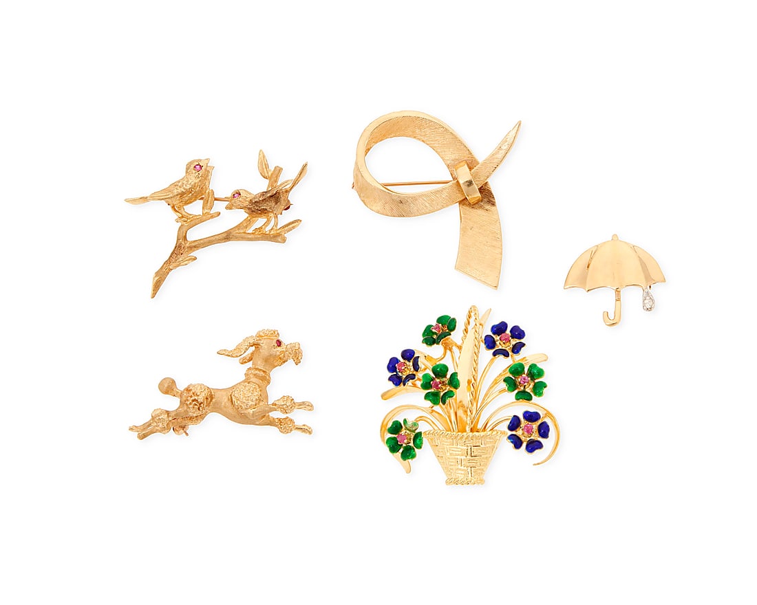 A Group of Five Gold Brooches: A Group of Five Gold Brooches Including an 18k gold basket of flowers together with a 14k gold poodle, birds on a branch, an umbrella and a swoop design 5 pieces Measures: 3/4 - 1 3/4 in. 43.0 grams