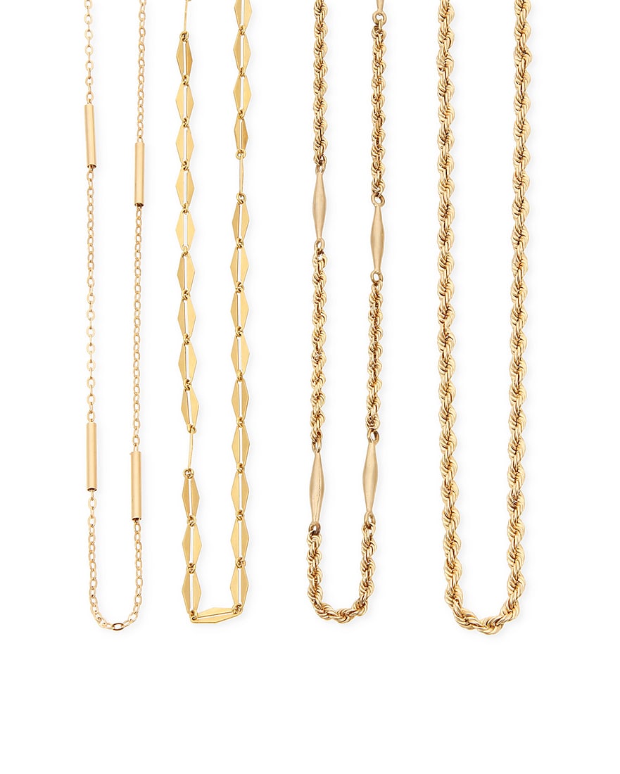 A Group of Four 14K Gold Chains: A Group of Four 14K Gold Chains Including rope, bar link and geometric designs 4 pieces Lengths: 15 in., 15 in., 18 in. and 20 in. 40.0 grams gross