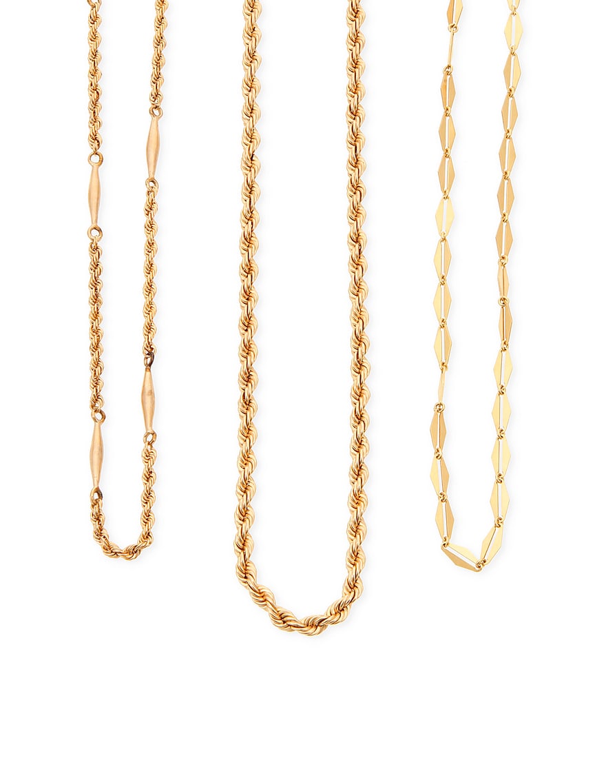 A Group of Three 14K Gold Chains: A Group of Three 14K Gold Chains Featuring rope and geometric link designs 3 pieces Lengths: 20 in., 21 in., and 24 in. 57.0 grams