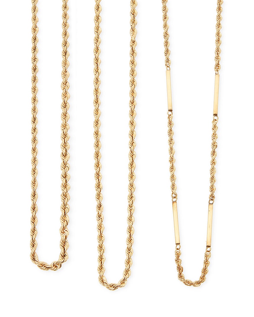 A Group of Three 14K Gold Chains: A Group of Three 14K Gold Chains Featuring rope and bar link designs 3 pieces Lengths: 18 in., 19 in. and 22 in. 51.0 grams gross