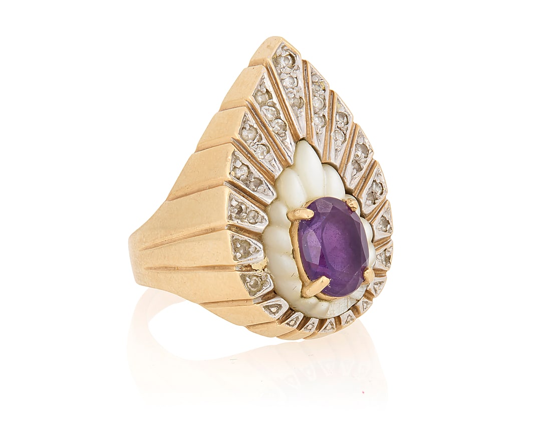 Erte: A 14K Bi-Color Gold, Mother-Of-Pearl and Amethyst Ring: Erte: A 14K Bi-Color Gold, Mother-Of-Pearl and Amethyst Ring Of a pear-shaped design featuring etched rays set with single-cut diamonds, an oval amethyst accented by a scalloped mother-of-pearl elemen