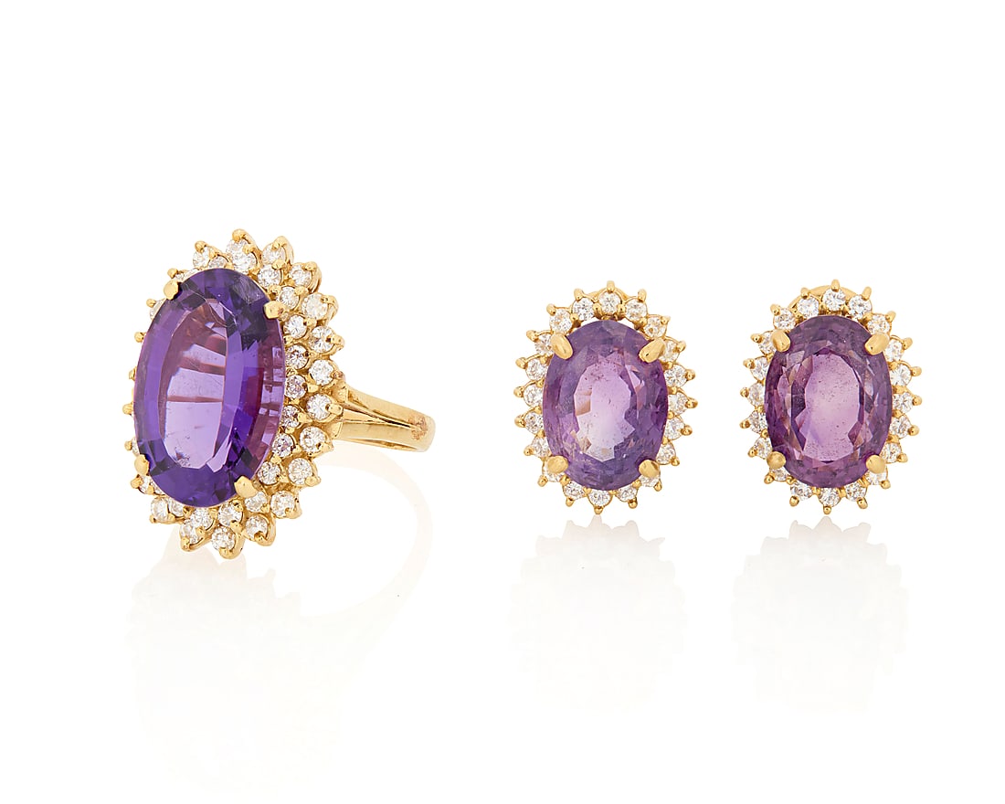 A Gold, Amethyst and Diamond Set: A Gold, Amethyst and Diamond Set Including a 14k gold ring centering an oval amethyst weighing approximately 9.20 carats, encircled by round diamond together with a pair of 18k gold earrings of