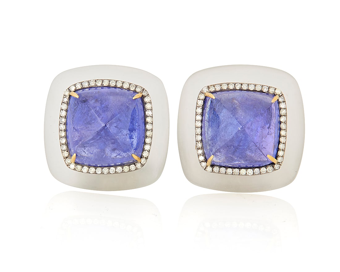 A 14K Gold, Blackened Silver, Rock Crystal, Tanzanite and Diamond Pair of Earrings: A 14K Gold, Blackened Silver, Rock Crystal, Tanzanite and Diamond Pair of Earrings Centering two sugarloaf tanzanite's weigh 26.65 carats total encircled by round diamonds and carved rock crystal