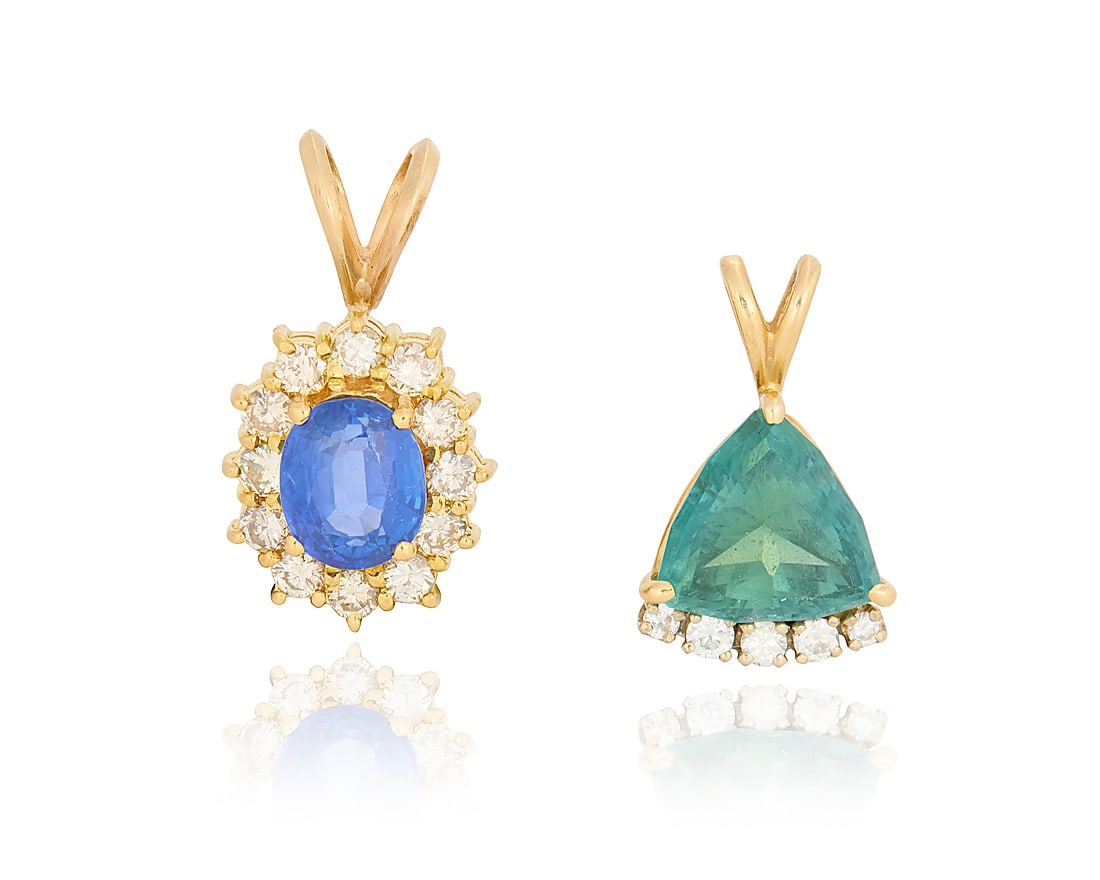 Two 14K Gold, Gem-Set and Diamond Pendants: Two 14K Gold, Gem-Set and Diamond Pendants One featuring an oval sapphire surrounded by round diamonds together with a pendant set with a triangular green tourmaline accented by round diamonds 2