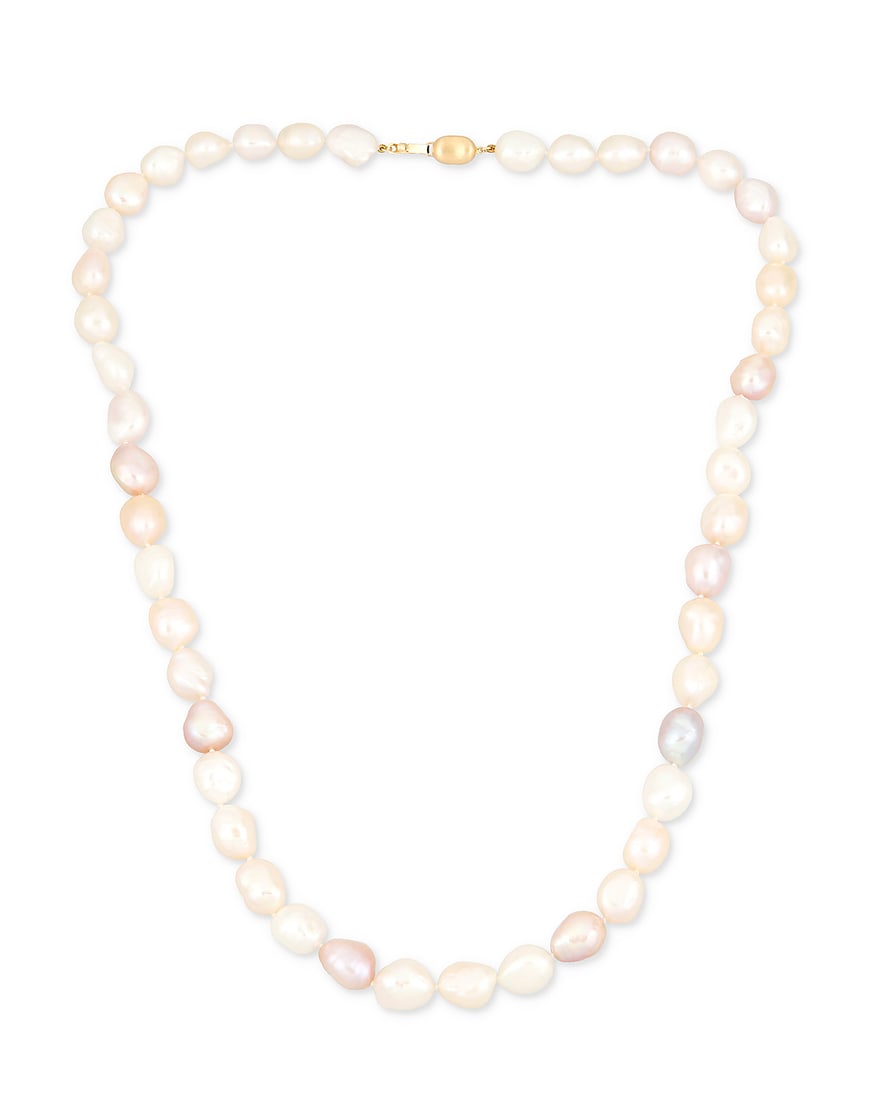 An 18K Gold and Colored Baroque Cultured Pearl Necklace: An 18K Gold and Colored Baroque Cultured Pearl Necklace Featuring white, peach and pink baroque pearls measuring approximately 10.50 mm Length: 26 in. 94.8 grams gross This lot is being offered with