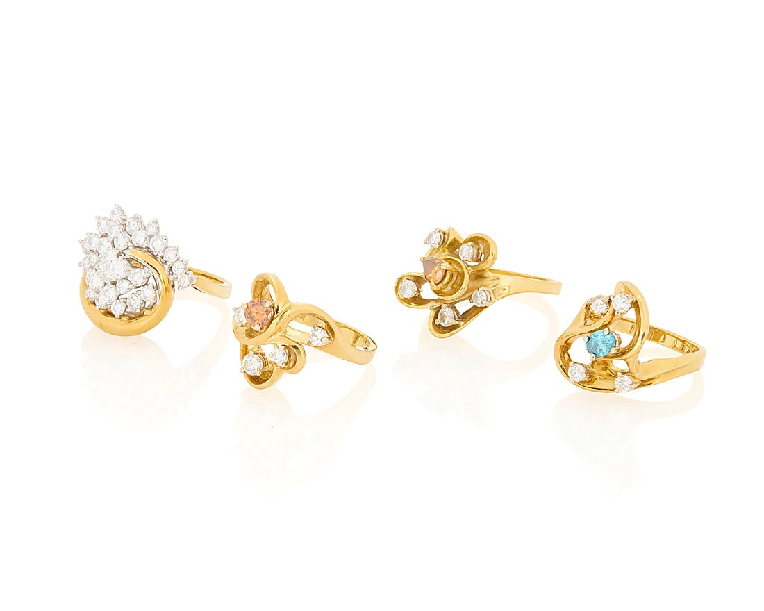 A Group of 18K Gold and Diamond Rings: A Group of 18K Gold and Diamond Rings All of swirling designs accented by round near colorless diamonds, round and pear-shaped orange diamonds and an oval blue diamond 4 pieces Sizes: 5 3/4, 6 1/4, 7