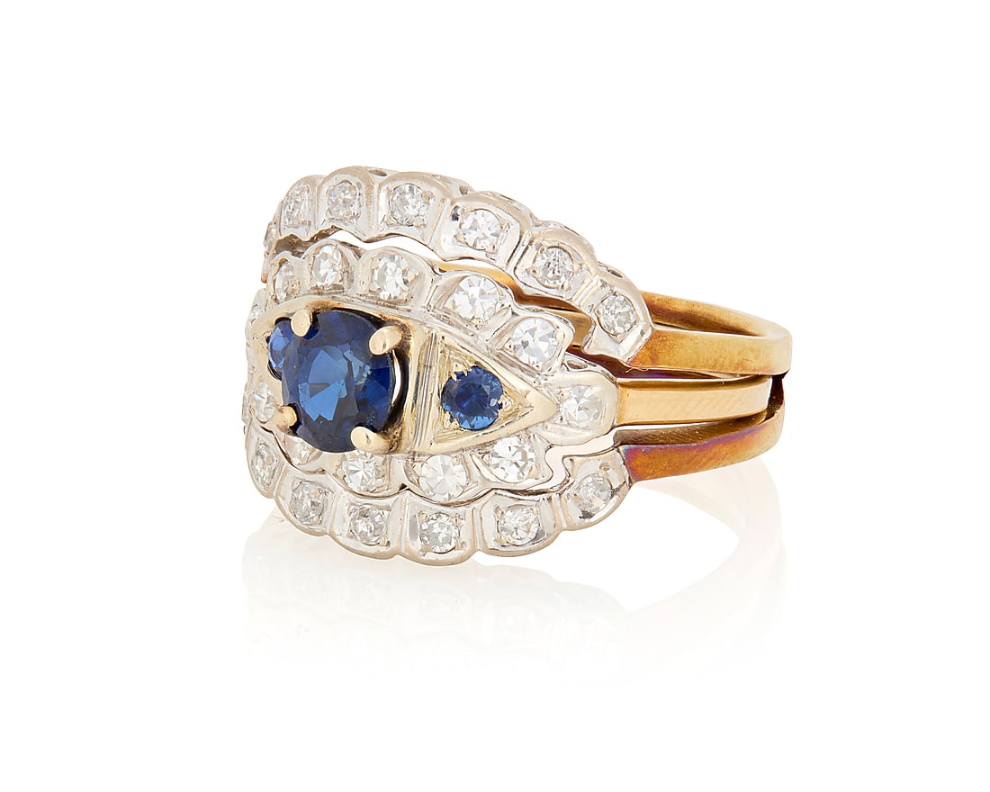 A 14K Bi-Color Gold, Sapphire and Diamond Ring and Jacket: A 14K Bi-Color Gold, Sapphire and Diamond Ring and Jacket Of a scalloped design featuring three sapphires accented by single-cut diamonds weighing approximately 0.50 carat 2 pieces Size: 9 3/4 8.4 gra