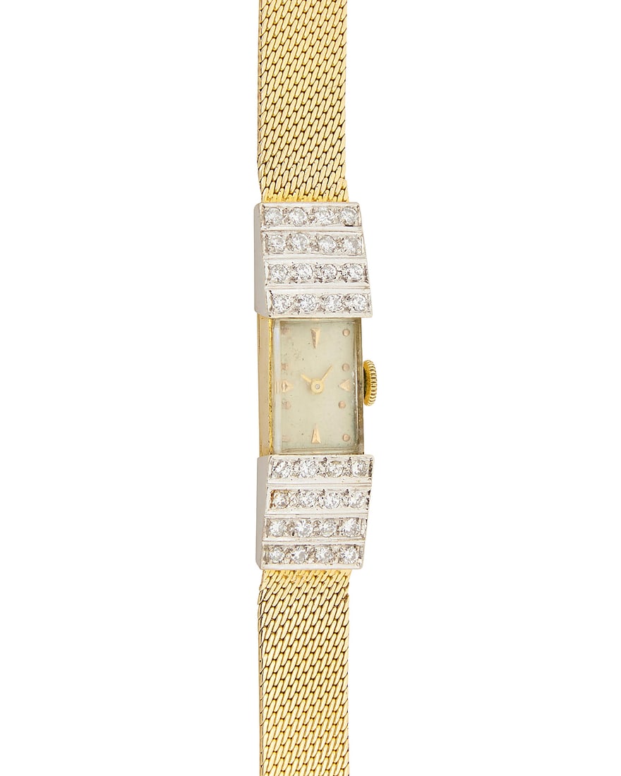 A 14K Gold and Diamond Watch: A 14K Gold and Diamond Watch Dial: 9.20 mm, rectangular with Diver hour markers, accented by four rows of round diamonds weighing approximately 0.96 carat Case: 10.20 mm Closure: woven gold bracelet w