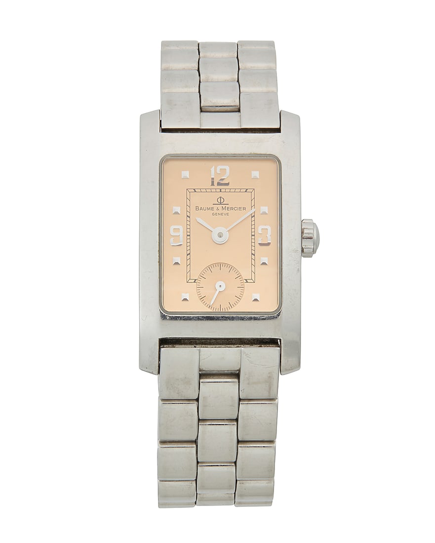 Baume Mercier: A Stainless-Steel Watch: Baume Mercier: A Stainless-Steel Watch Dial: 14.70 mm, rectangular copper dial with Panerai hour markers Model: mv045139 Case: 20.30 mm Case number: 3194546 Closure: stainless steel butterfly clasp