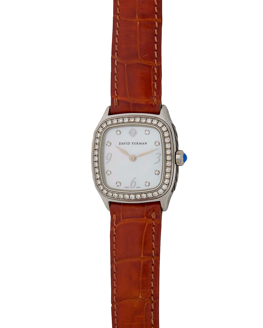 David Yurman: A Stainless-Steel and Diamond Watch: David Yurman: A Stainless-Steel and Diamond Watch Dial: 18.00 mm, square mother-of-pearl dial with diamond hour markers Case: 24.00 mm Case number: A-08222, T304-XSST Closure: red leather strap with
