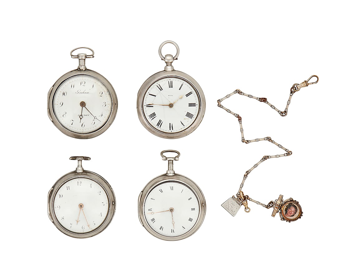 A Group of English Open Faced Verge Pocket Watches and Watch Fob & Chain (1 of 4)