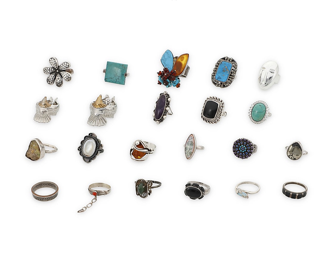 A Group of Silver and Set Stone Rings: A Group of Silver and Set Stone Rings Mid/late 20th century Most variously marked for maker and/or for sterling Comprising twenty two set stone and silver rings in various styles including classic, mo
