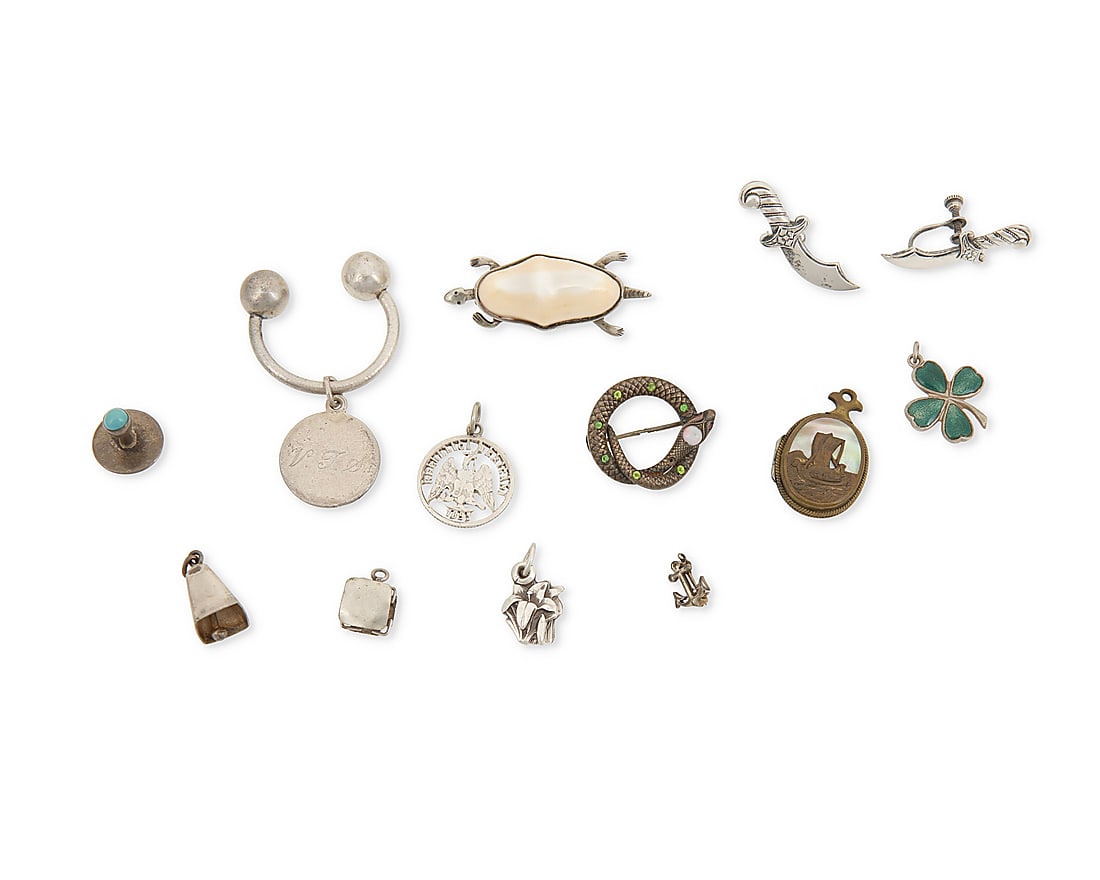 A Group of Diminutive Silver Jewelry: A Group of Diminutive Silver Jewelry Mid/late 20th century Three marked for maker and for sterling Comprising a Tiffany & Co. sterling silver monogrammed charm on an associated key holder, together wi