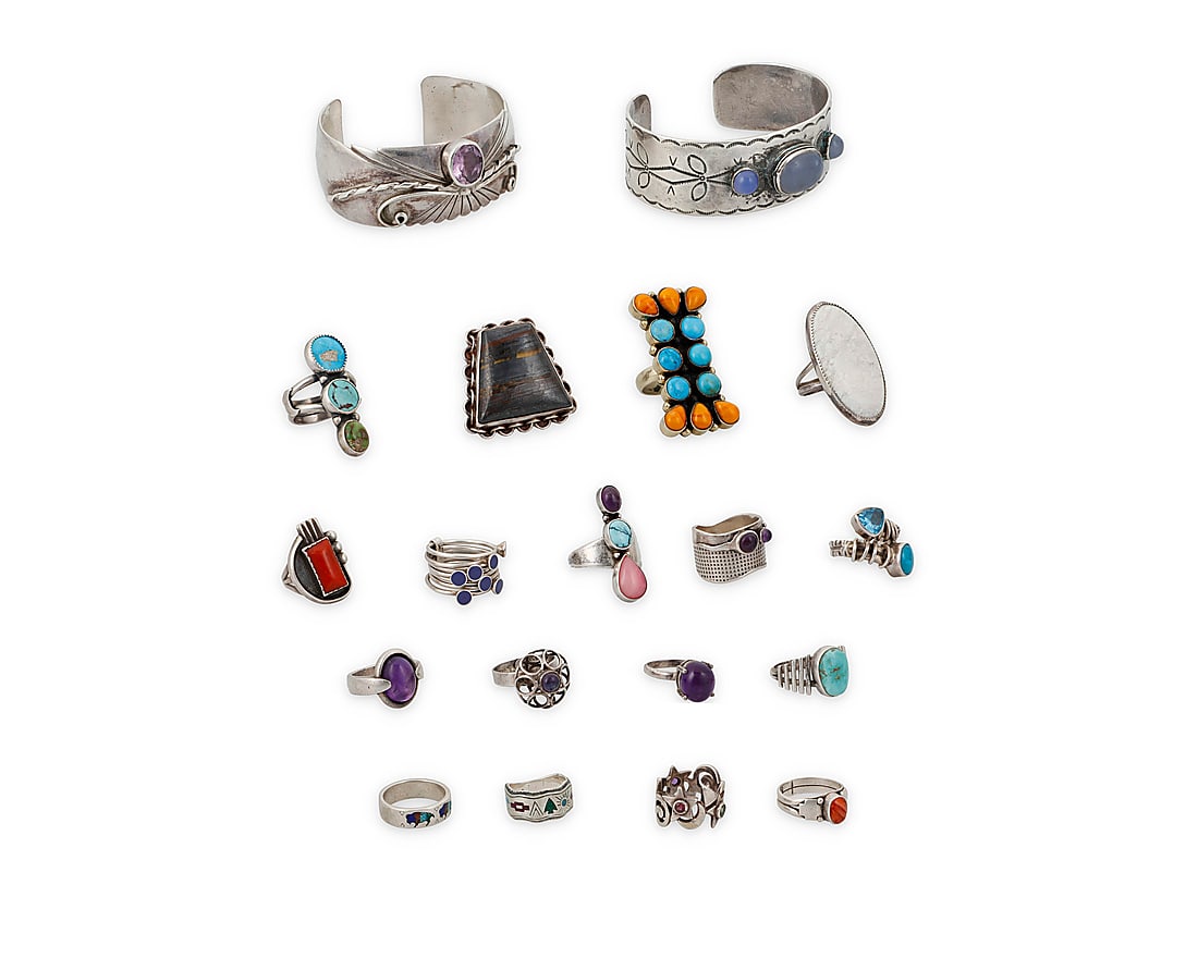 A Group of Silver and Set Stone Set Jewelry: A Group of Silver and Set Stone Set Jewelry Mid/late 20th century Most variously marked for maker and/or for sterling Comprising two silver cuff bracelets, one with set moonstone cabochons and stamp w