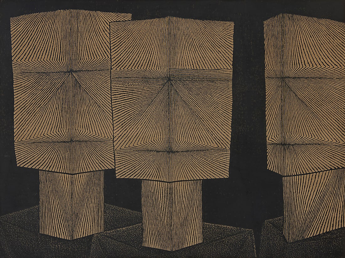 Tomio Kinoshita (1923-2014), "Kamen 4" (Mask 4), 1957: Tomio Kinoshita (1923-2014) "Kamen 4" (Mask 4), 1957 Woodcut on paper Edition: 33/50 Signed, dated, and numbered, and titled in Japanese, all in red pencil in the lower margin: Tomio Kinoshita / 1957;
