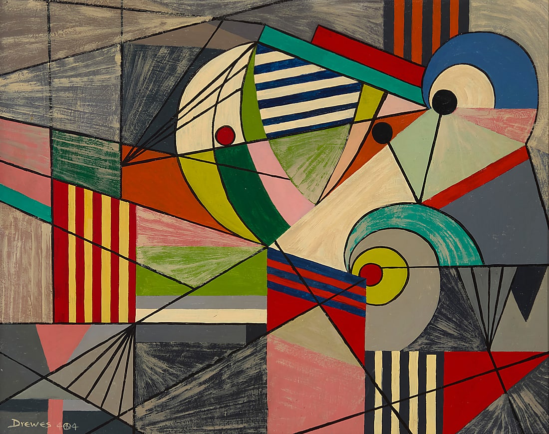 Werner Drewes (1899-1985), "Abstract #1," 1944: Werner Drewes (1899-1985) "Abstract #1," 1944 Oil on board Signed and dated and with the artist's peace cipher lower left: Drewes 4 [peace symbol] 4; titled on a gallery label affixed to the frame's