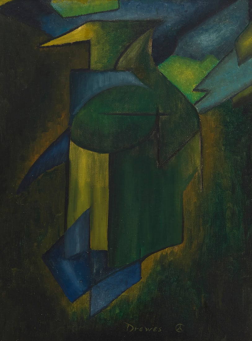 Werner Drewes (1899-1985), "Abstract #2": Werner Drewes (1899-1985) "Abstract #2" Oil on canvasboard Signed and with the artist's peace cipher lower center: Drewes; titled on a label affixed verso 24" H x 18" W Provenance: Altermann