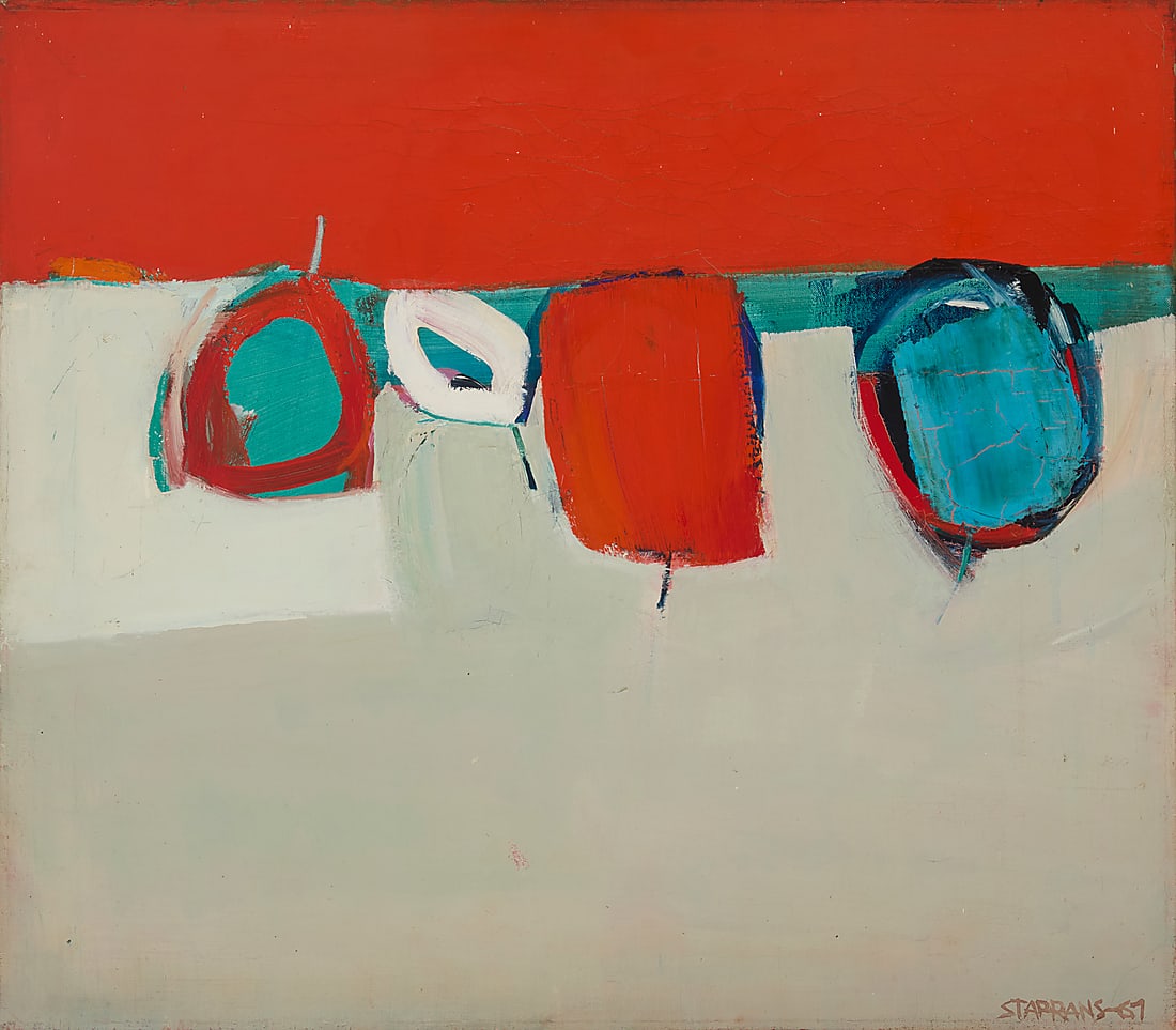 Raimonds Staprans (1926-2026), Still life with apples and pears, 1967: Raimonds Staprans (1926-2026) Still life with apples and pears, 1967 Oil on canvas Signed and dated lower right: Staprans -67 22" H x 25" W Provenance: Maxwell Galleries, San Francisco, CA Private