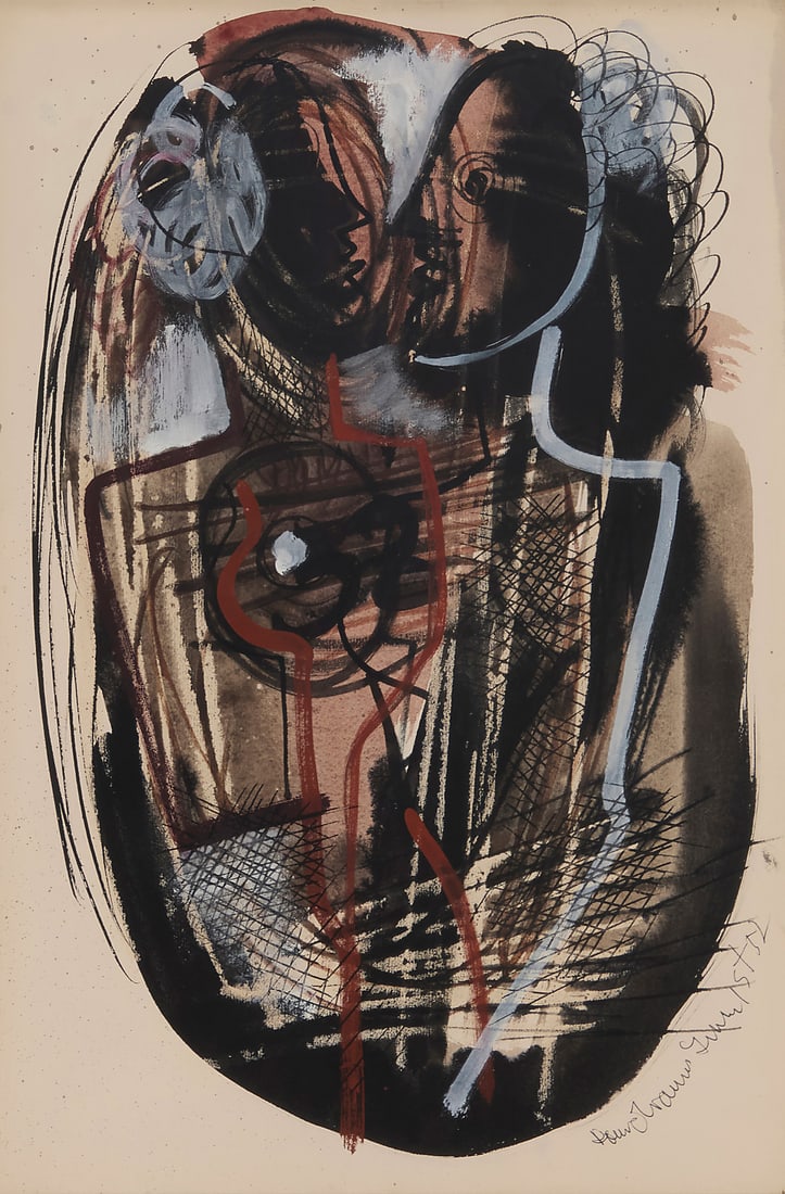 Konrad Cramer (1888-1963), Figural abstract, 1952: Konrad Cramer (1888-1963) Figural abstract, 1952 Gouache, watercolor, and ink on paper Signed and dated lower right: Konrad Cramer June 1st 52 Sight: 18" H x 12" W Provenance: Jo Aarons Gallery,