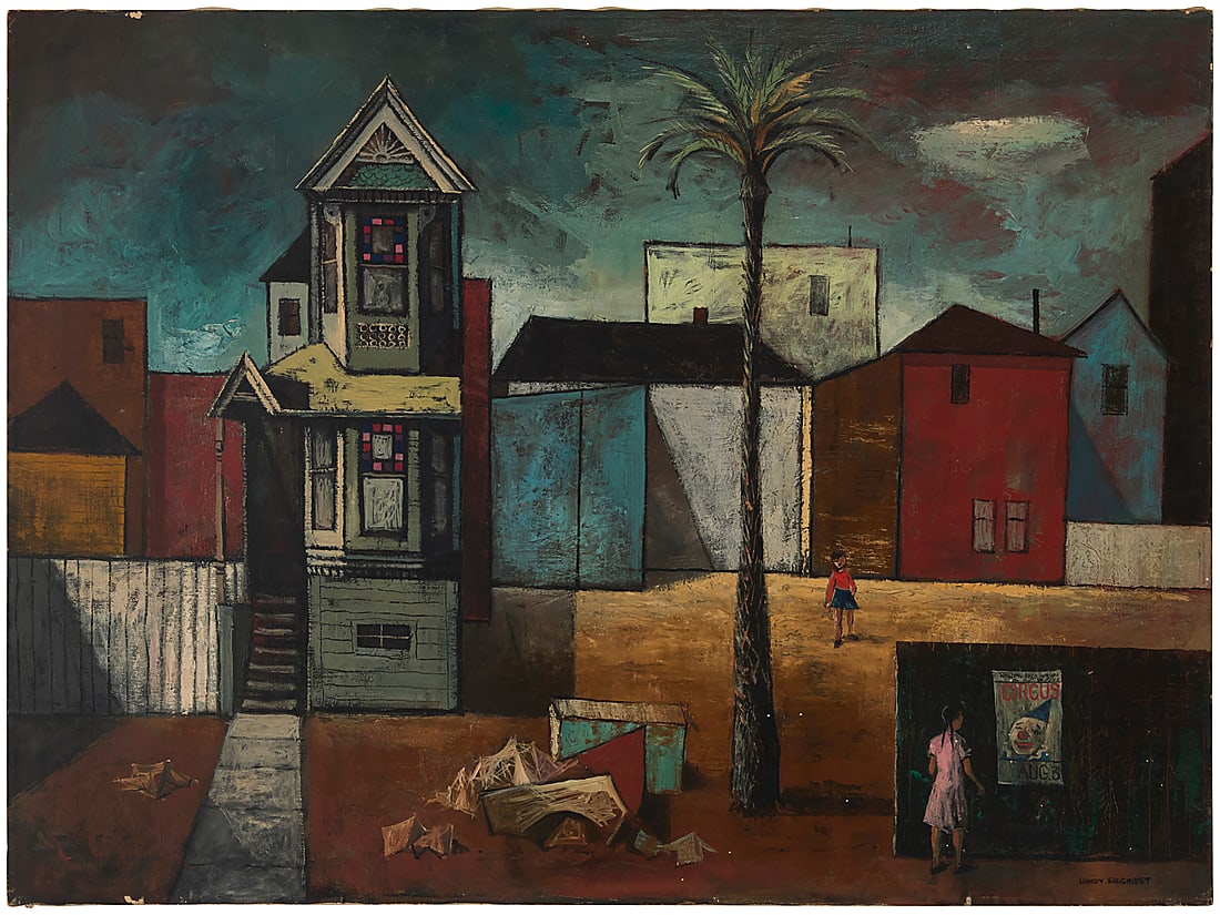 Lundy Siegriest (1925-1985), "West Oakland Mansion," circa 1950: Lundy Siegriest (1925-1985) "West Oakland Mansion," circa 1950 Oil on canvas Signed lower right: Lundy Siegriest; signed again, titled, and inscribed with the artist's Oakland, CA address, verso; with