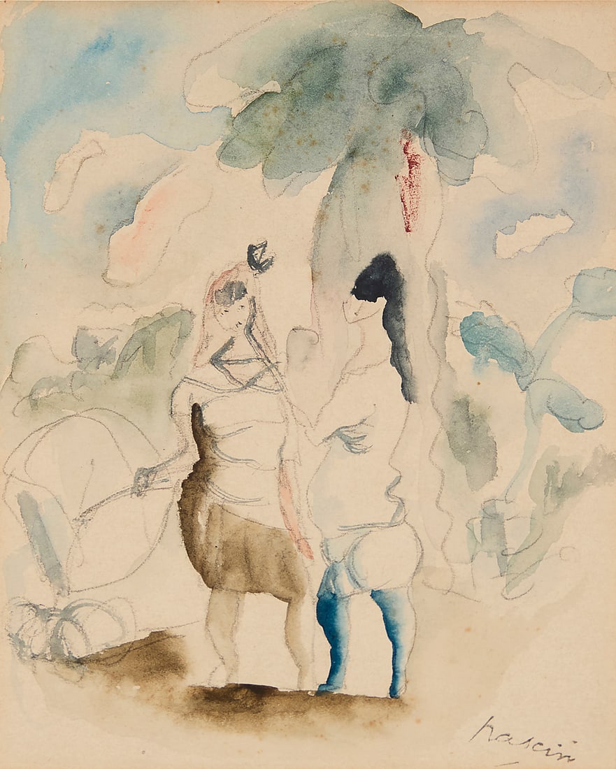 Jules Pascin (1885-1930), "Deux Femmes Au Parc," 1921: Jules Pascin (1885-1930) "Deux Femmes Au Parc," 1921 Watercolor and traces of pencil on paper Signed lower right: Pascin; dated "1921" in ink and "21" in pencil verso; titled on gallery labels affixed