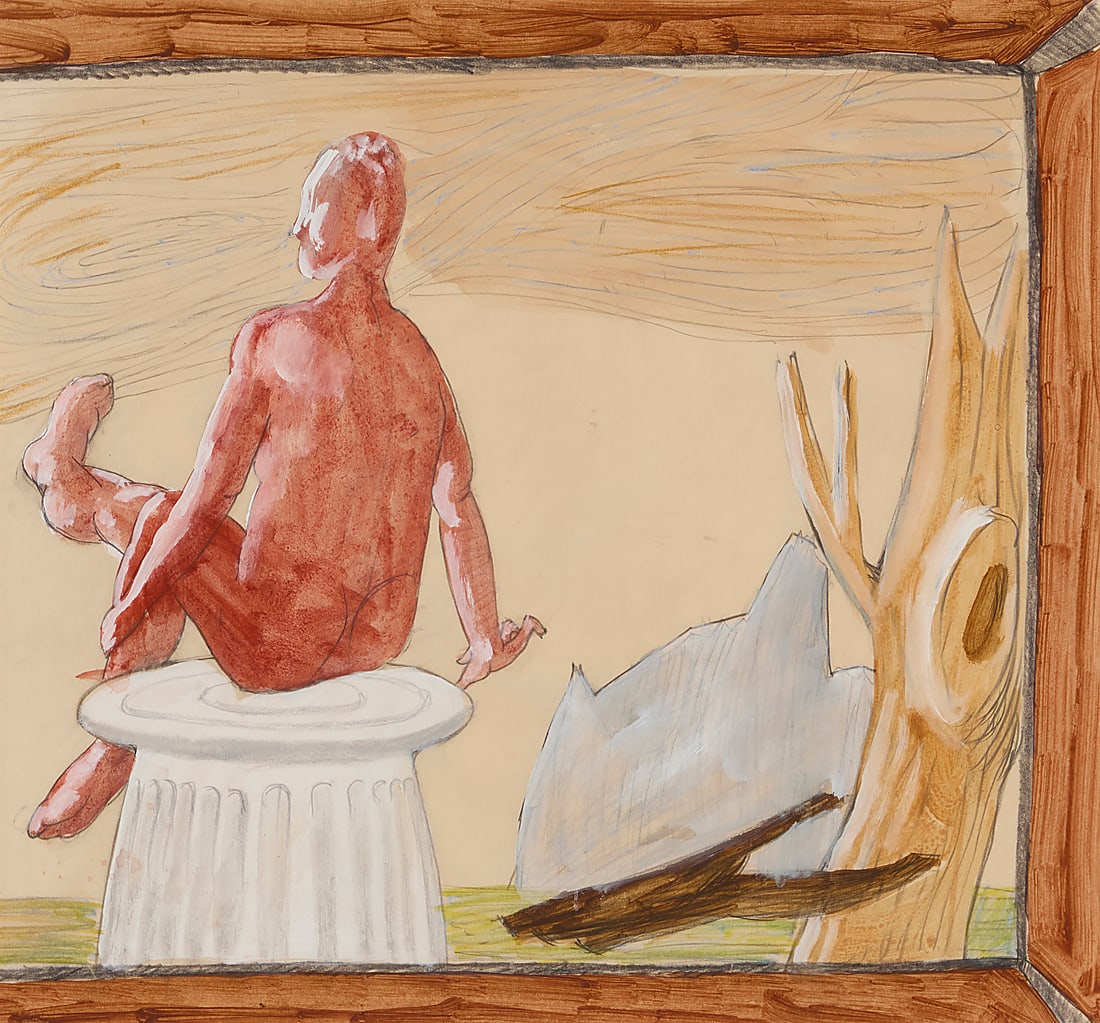 Charles Garabedian (1923-2016), Untitled (nude figure seated on a column), 1981: Charles Garabedian (1923-2016) Untitled (nude figure seated on a column), 1981 Watercolor, acrylic, and pencil on paper Appears unsigned Sight: 14.5" H x 16" W Provenance: Hirschl & Adler Modern
