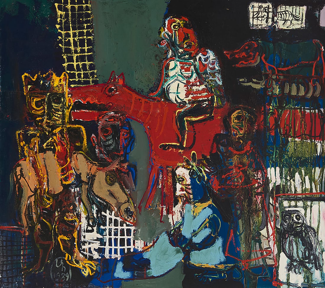 Sarkis Hamalbashian (b. 1956), "Image from the Blue Coast II," 1989: Sarkis Hamalbashian (b. 1956) "Image from the Blue Coast II," 1989 Oil on canvas Initialed in Armenian and dated lower left: S.H. / 1989; signed and titled in Armenian, and dated, all verso: Hamalbash