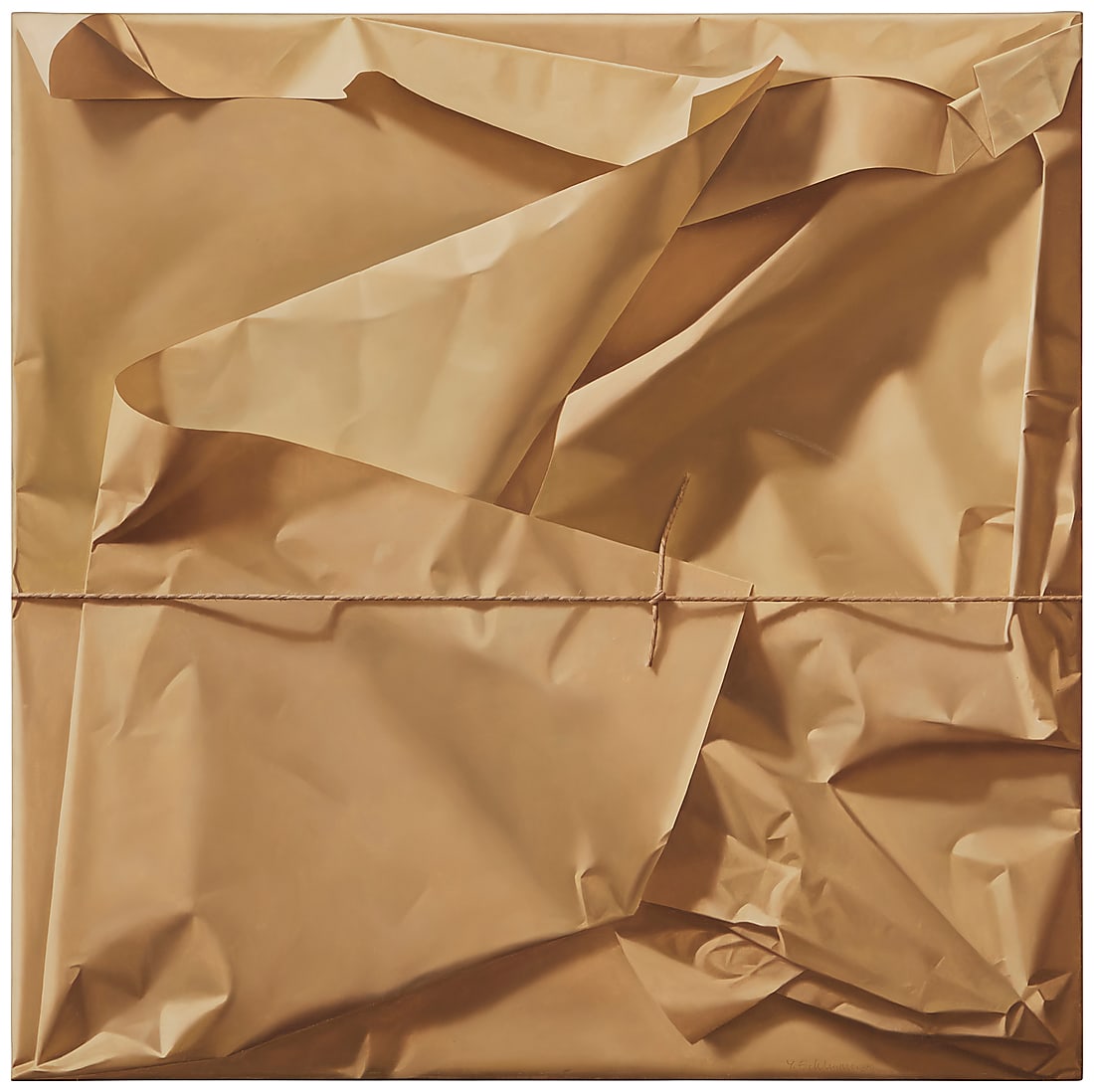 Yrjo Edelmann (1941-2016), Tan paper and string (untitled), 1980: Yrjo Edelmann (1941-2016) Tan paper and string (untitled), 1980 Oil on canvas Signed and dated lower right: Yrjo Edelmann 80 47.375" H x 47.375" W Provenance: Lillian Heidenberg Gallery, New Yor