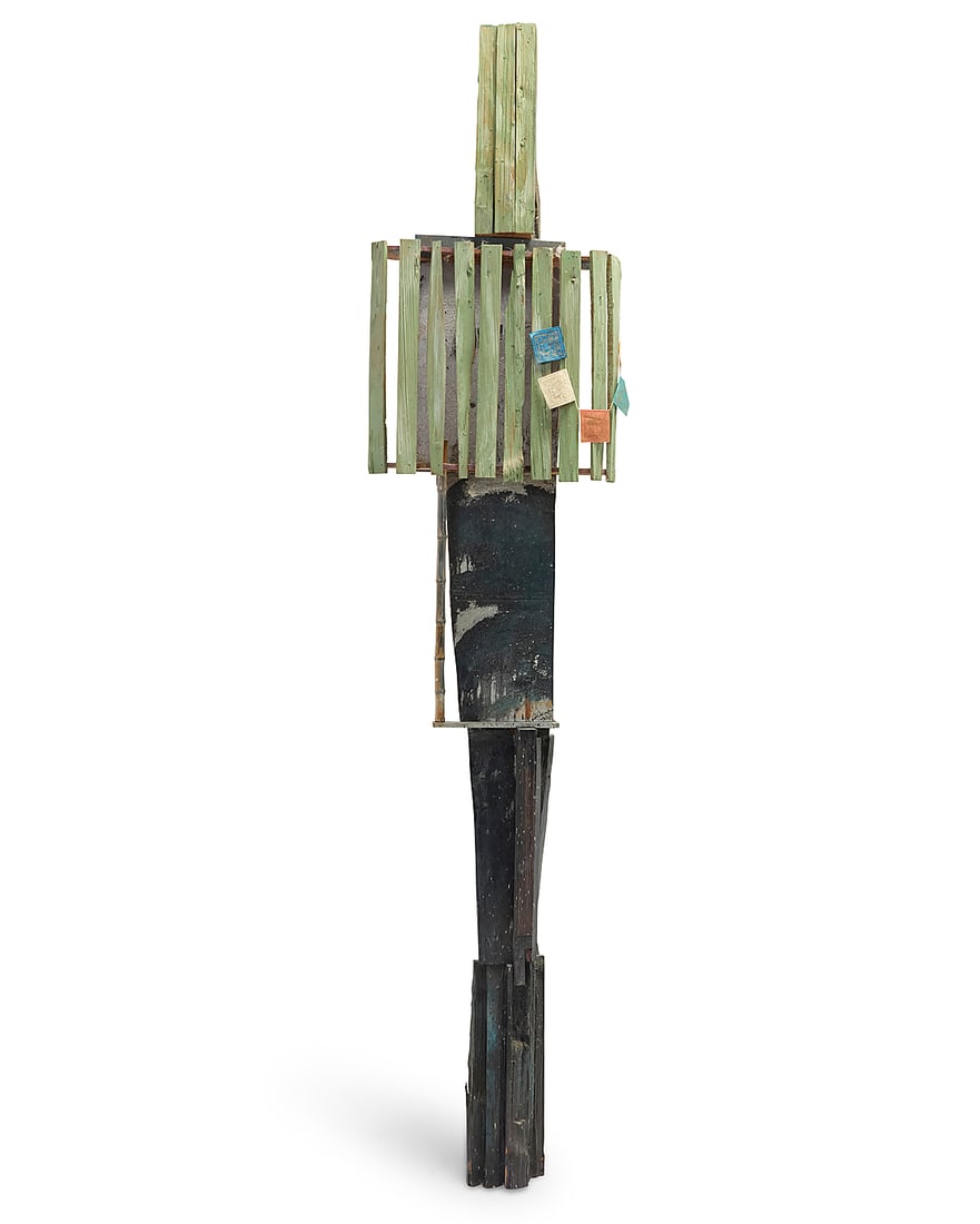 Charles Villiers (b. 1951), "Farm Mummy" from the "Chopwood Series," 1983: Charles Villiers (b. 1951) "Farm Mummy" from the "Chopwood Series," 1983 Acrylic and sand on wood Signed verso: Villiers; dated thrice with stencil; applied gallery label verso 93.5" H x 19.5" W x 9.2