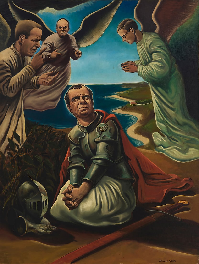 Karl Nicholason (20th Century), "Nixon of Arc," circa 1972: Karl Nicholason (20th Century) "Nixon of Arc," circa 1972 Oil on canvas Signed lower right: Nicholason; titled and dated in Psychology Today by repute 48" H x 35.5" W Provenance: The artist
